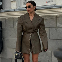 Vintage PU Leather Hollow Out Long Sleeve Top Skirt Suit