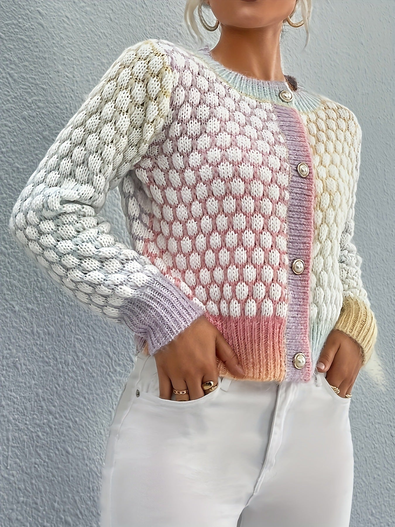 Women's Gradient Color Round Neck Sweater Cardigan