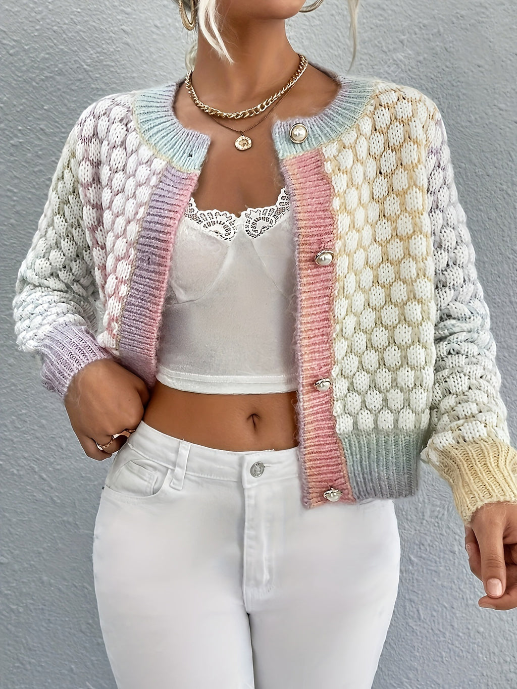 Women's Gradient Color Round Neck Sweater Cardigan