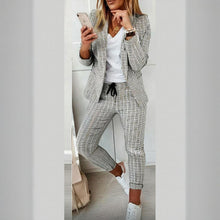 Women's Solid Color Plaid Long Sleeve Suit Two-piece Set With Pockets & Drawstring Waist Office Wear For Spring&Fall