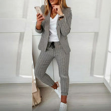 Women's Solid Color Plaid Long Sleeve Suit Two-piece Set With Pockets & Drawstring Waist Office Wear For Spring&Fall