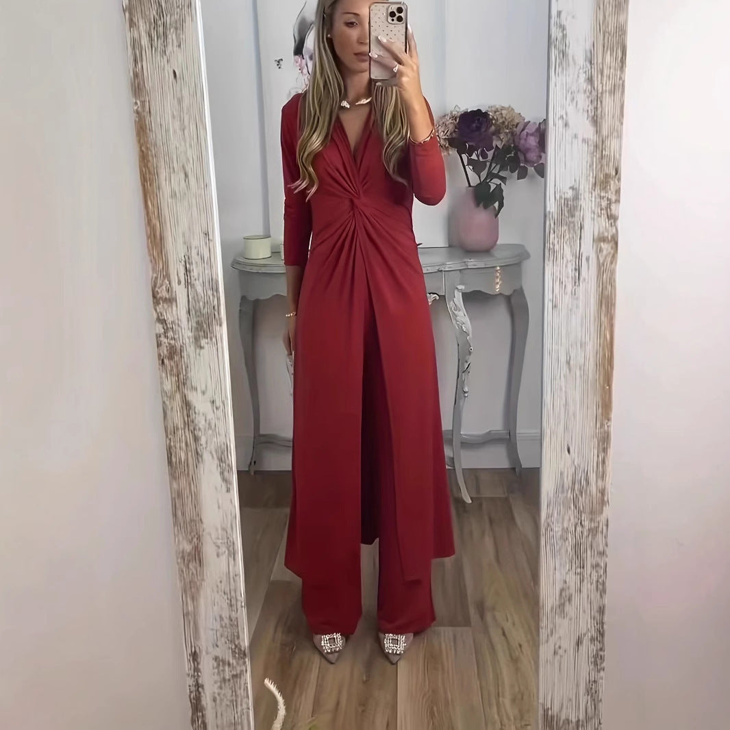 Solid Color Split Dress And Pants Two-piece Set