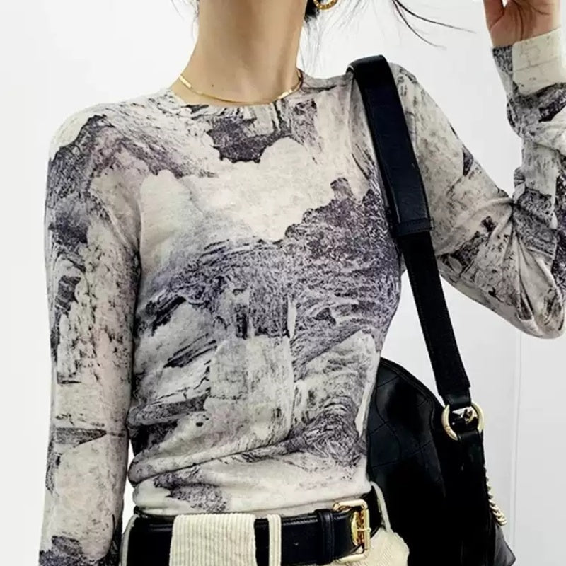 Blooming Printed Round Neck Long Sleeve Cashmere Bottoming Shirt Autumn