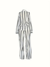 2025 New Stripe Printed Two Piece Set, Button Front Collar Long Sleeve Shirt&High Waist Wide Leg Loose Pants Set, Fashionable Women's Wear