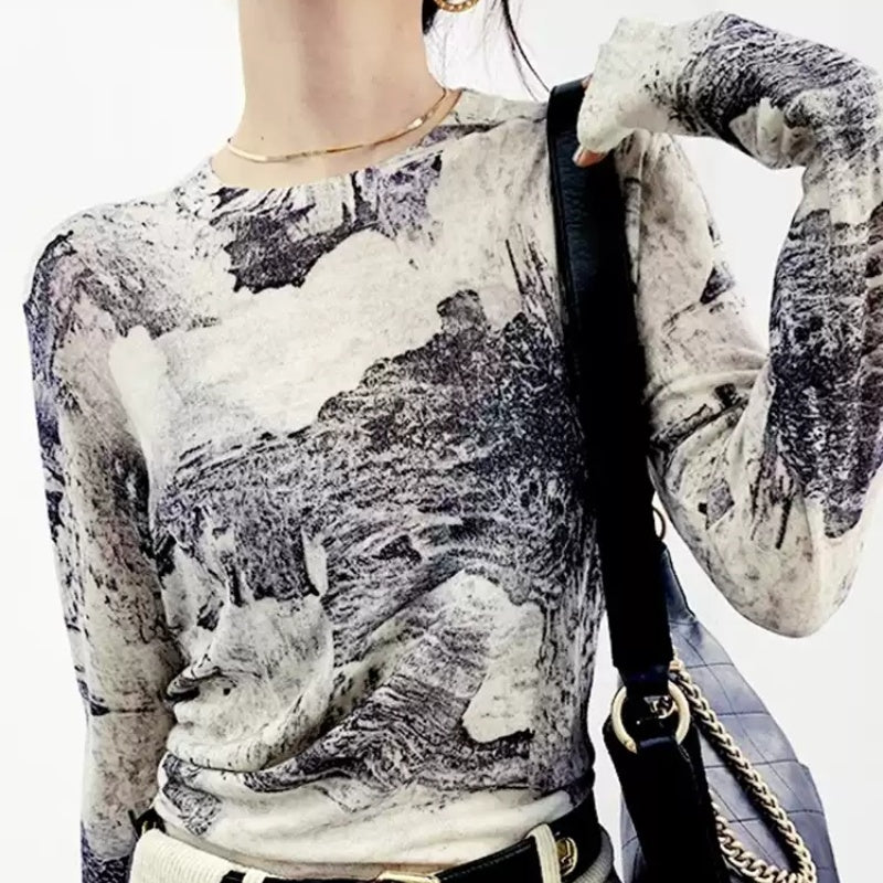 Blooming Printed Round Neck Long Sleeve Cashmere Bottoming Shirt Autumn
