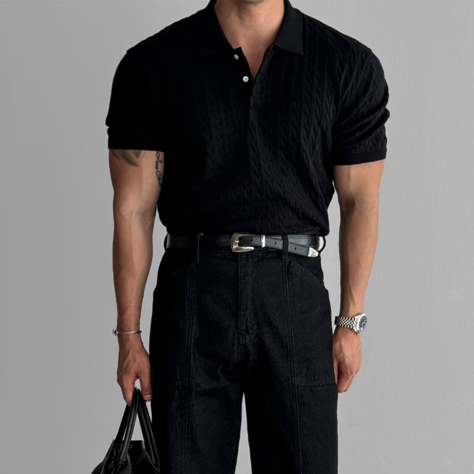 American Retro Hemp Pattern Lapel Men's T-shirt