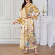 Women's Chic Bohemian Floral V-Neck Maxi Dress, Elegant Golden Long Sleeve Loose Fit Casual Dress