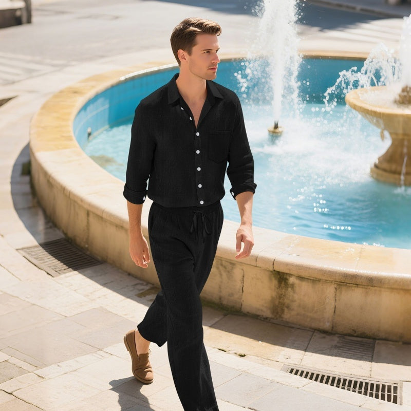 Linen Men's Casual Loose Breathable Long Sleeve Trousers Suit