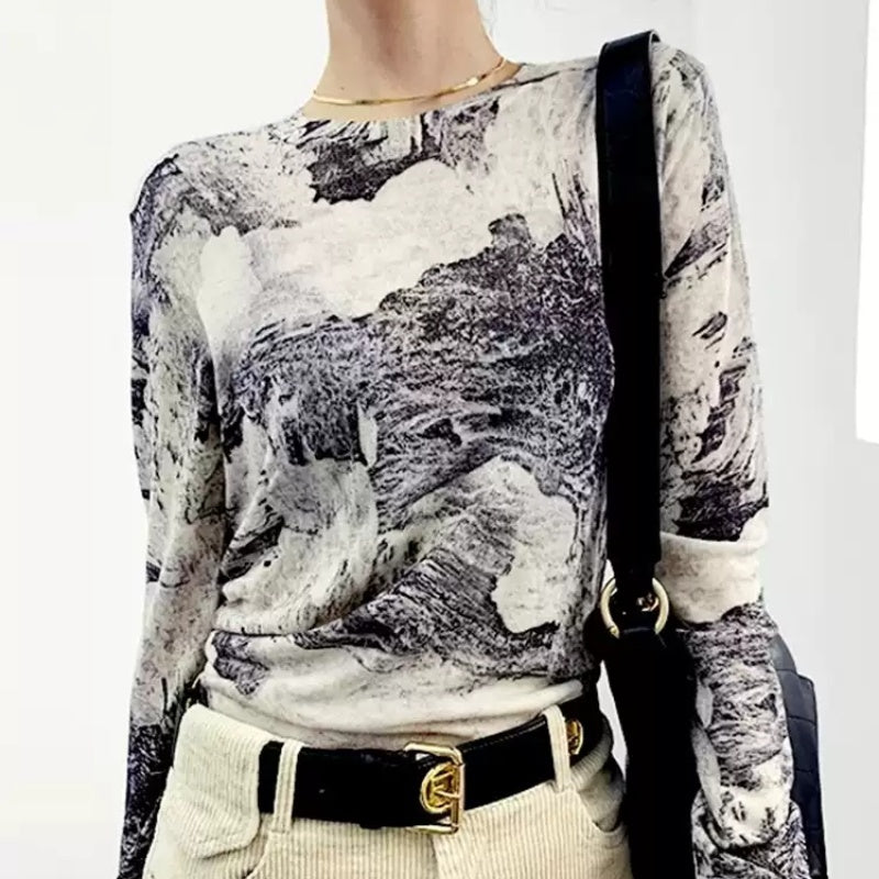 Blooming Printed Round Neck Long Sleeve Cashmere Bottoming Shirt Autumn