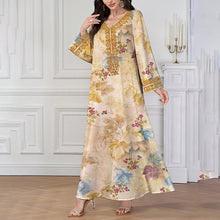 Women's Chic Bohemian Floral V-Neck Maxi Dress, Elegant Golden Long Sleeve Loose Fit Casual Dress
